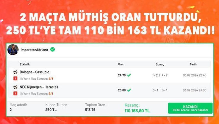 2 maçta müthiş oran tutturdu, 250 TL’ye tam 110 bin 163 TL kazandı!